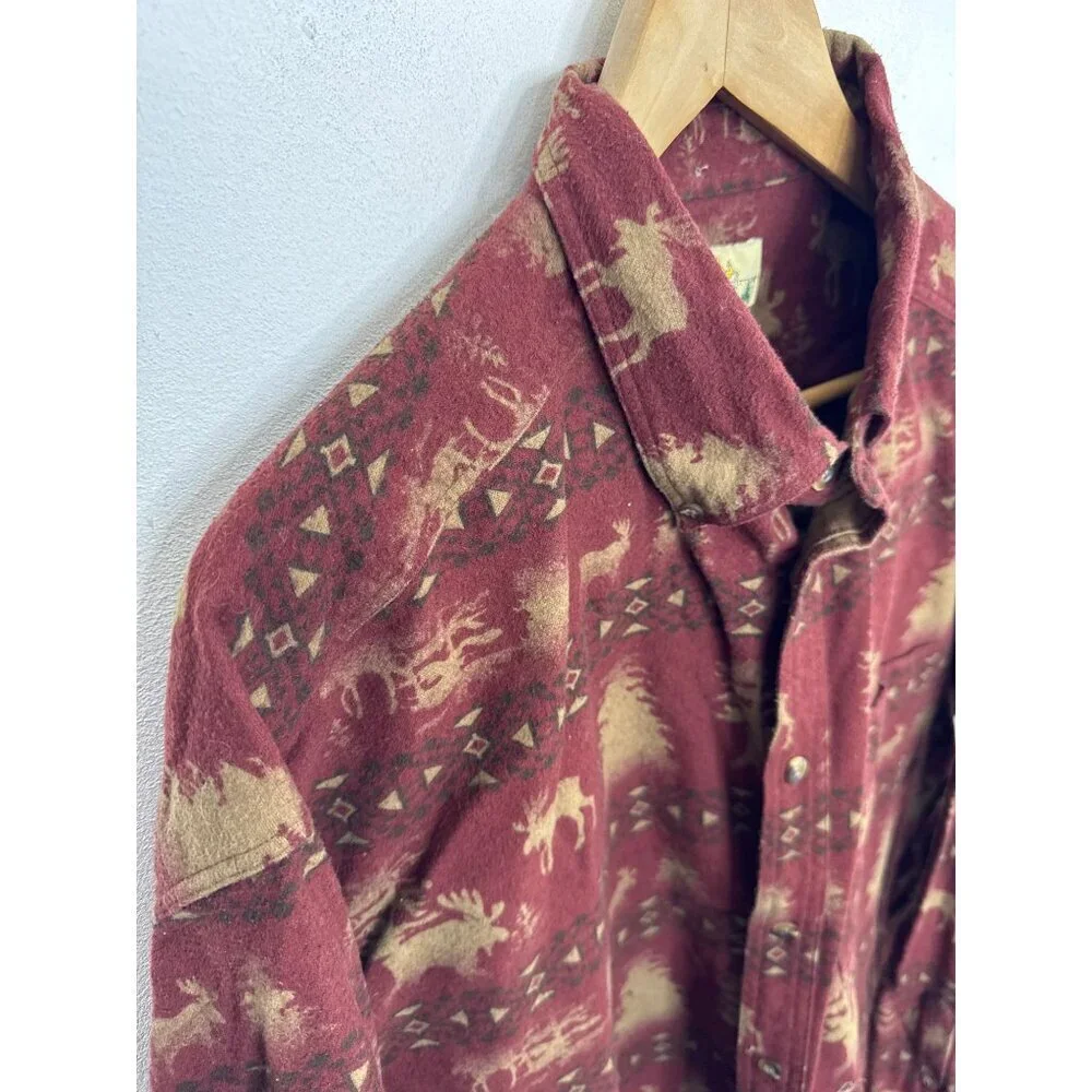 CABELA Red Chamois Southwestern Flannel Button Shirt XL Moose‎ Outdoor Print